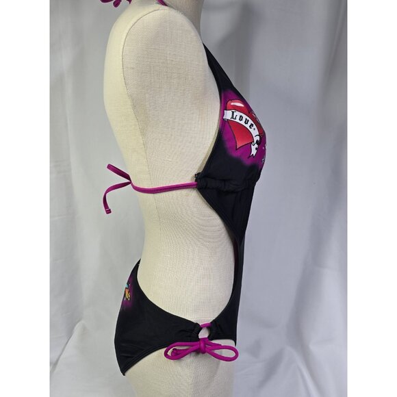 Y2K Black Pink Cutout Swimsuit One Piece Punk Grunge Tattoo Art Beach Sexy Edgy - Picture 11 of 16